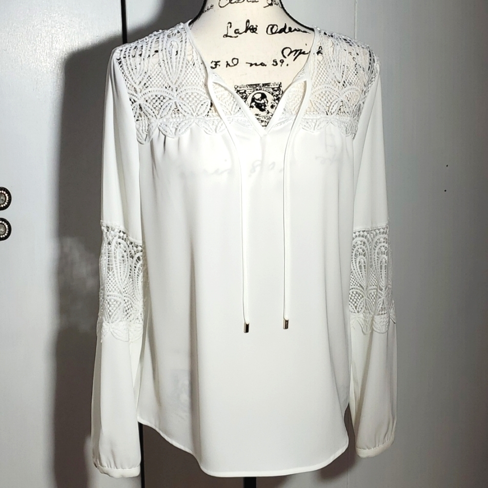 Calvin Klein| White Crochet Open Knit Elegant Neutral Boho Top Womens Sz.S